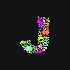 Monster font. Letter J made of yellow, pink, green, blue, orange blots, eyes and funny monsters on a black background