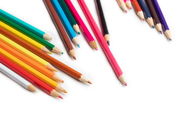 many color pencils isolated on white background. design layout.