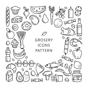Grosery supermarket goods pattern store food, drinks, vegetables, fruits, fish, meat, dairy, sweets