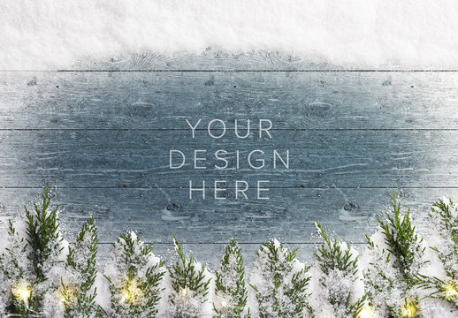 Winter Mockup Scene with Snow, Fir Tree Branches, and Lights