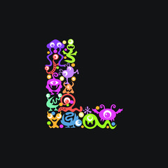 Monster font. Letter L made of yellow, pink, green, blue, orange blots, eyes and funny monsters on a black background