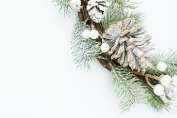 Top view of Christmas round wreath made of natural with pinecones winter and Christmas concept.Flat lay background for text.