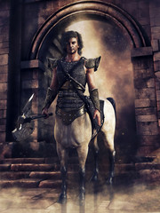 Fantasy centaur warrior standing with a battle axe in front of a castle gate. 3D render.  The model and other elements in the image are all 3D objects.