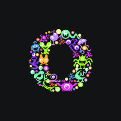 Monster font. Letter O made of yellow, pink, green, blue, orange blots, eyes and funny monsters on a black background