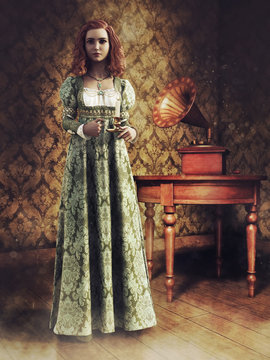Young girl standing with a candle in a room with a vintage gramophone. 3D render.  The model and other elements in the image are all 3D objects.
