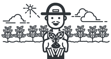 A farmer shows young plant in hands front of organic farm with smiling and happy landscape view. Vector illustration