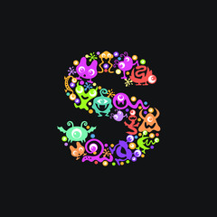 Monster font. Letter S made of yellow, pink, green, blue, orange blots, eyes and funny monsters on a black background