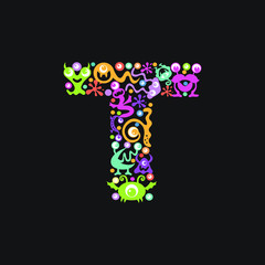 Monster font. Letter T made of yellow, pink, green, blue, orange blots, eyes and funny monsters on a black background