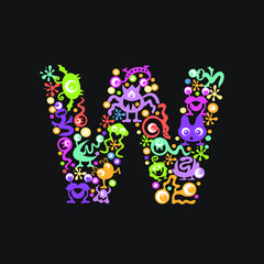 Monster font. Letter W made of yellow, pink, green, blue, orange blots, eyes and funny monsters on a black background
