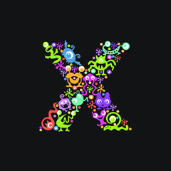 Monster font. Letter X made of yellow, pink, green, blue, orange blots, eyes and funny monsters on a black background