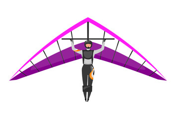 Hang gliding flat vector illustration. Skydiving, paragliding experience. Extreme sports. Active lifestyle. Outdoor activities. Sportsman isolated cartoon character on white background