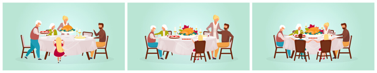 Thanksgiving day flat vector illustration set. Fall holiday celebration. Eating festive meal together. Celebrating harvest with grandparents. Happy family dinner with turkey cartoon characters