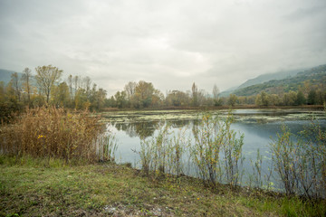 Autumn panorama, bad wheater on lake