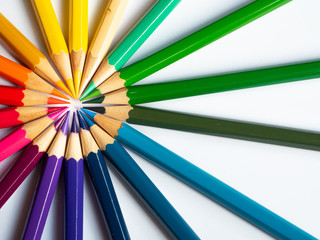 Fototapeta premium Many different colored pencils on white background, Colored pencils in arrange in color wheel colors on white background, Group of multicolor pencils.