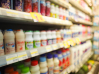 Blur image shelf of Drinking Yoghurt or Cultured Milk in supermarket, Abstract blurred shelf in supermarket, Abstract blur and defocused shelf in supermarket.