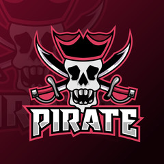 Pirate rebel mascot gaming logo king ocean black hat and sword