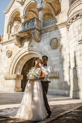 Rear view of wedding couple posing outdoor against the background coustle. Bride and groom wearing  marriage clothes, dress and suit.