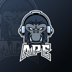 Angry ape gorilla mascot gaming logo design black color headphone