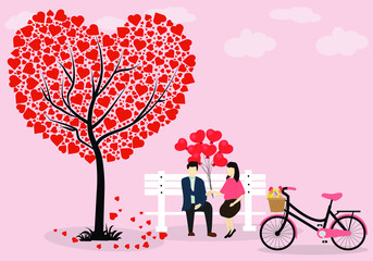 Fototapeta na wymiar Valentine's Day background with lovers sitting in a silhouette, Heart-shaped trees and pink bikes