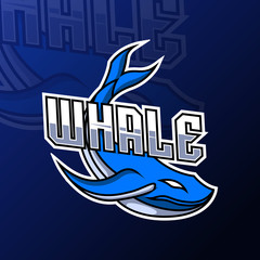 Blue whale fish mascot gaming sport logo template for squad team