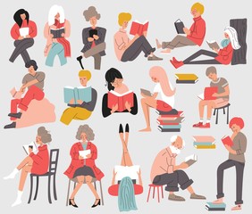 Group of people reading books. Men and women, young and old, sitting, standning and laying down and reading a book. Isolated, flat vector illustration
