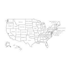 Fototapeta na wymiar Vector illustration of black outline United States of America map with states. 