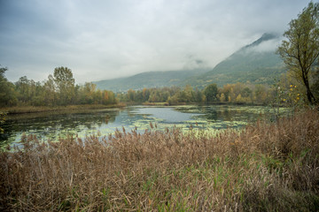 Autumn panorama, bad wheater on lake