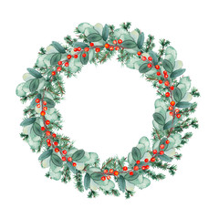 Watercolor hand painted botanical Christmas tree holiday wreath illustration isolated on white background