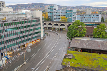 Zurich, Switzerland-October 18,2019:View of building and transportation is old and beautiful from firetag shop in Zurich, Switzerland