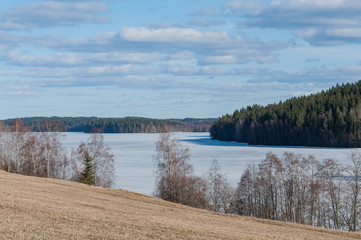 Ice covered lake with forests in the background