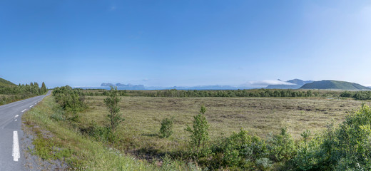 Fototapeta premium green landscape with steep islands in background, near Ase, Norway