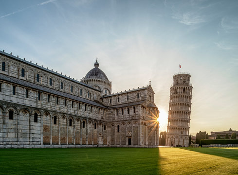 Cathedral and Leaning Tower at sunrise, Piazza dei Miracoli, Pisa, Tuscany