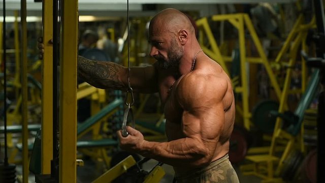 Handsome strong athletic man pumping up triceps muscles workout fitness and bodybuilding concept background - muscular bodybuilder fitness men doing arms exercises in gym naked torso