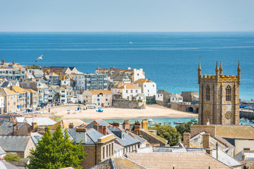 Elevated views over rooftops of St. Ives in Cornwall