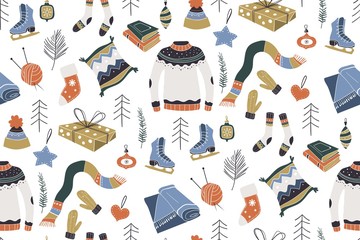 Winter pattern. Winter holidays merry christmas and happy new year Scandinavian style. Vector illustration. Can be printed and used as wrapping paper, wallpaper, textile, fabric.
