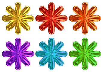 3d rendering. colorful Gloden Six pointed star with clipping path set collection isolated on white background.