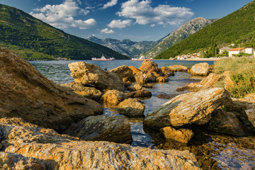 Sunset view of Kotor bay near Tivat, Montenegro.