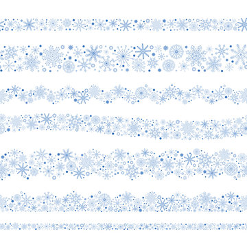 Set of seamless borders blue snowflakes. Christmas snowflakes border set. Blue snowflakes.
