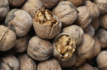 organic and fresh shelled walnuts on background 