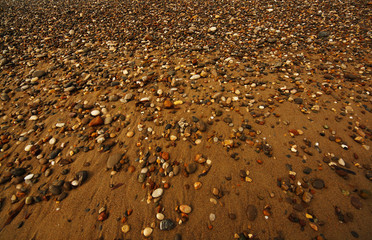 Mediterranean beach landscape with sand cover full of multicolor pebbles. A pattern of small colorful stones, natural background