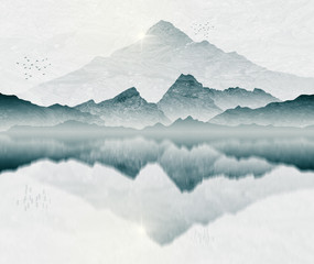 Mountain illustration with reflections in lake and setting sun.