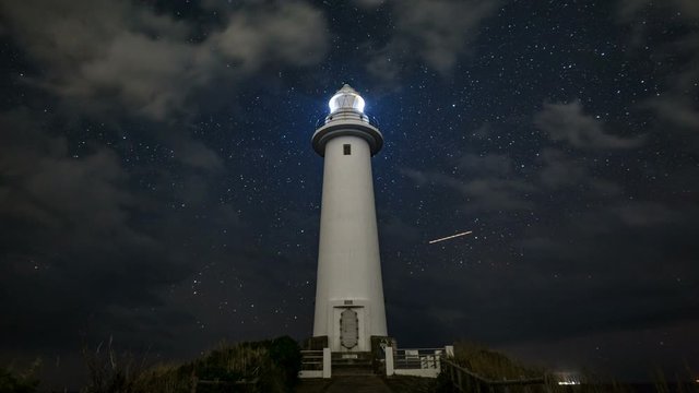 Astro Timelapse of Starry Sky over Lighthouse in Izu Peninsula, Japan