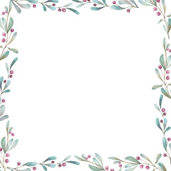 Frame of mistletoe branches. Watercolor