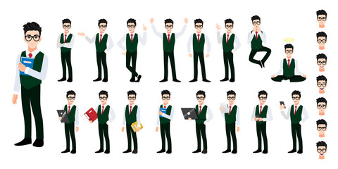 University student cartoon character set. Handsome boy in student uniform style smart shirt. Vector illustration
