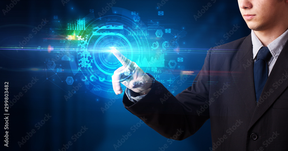 Poster man touching hologram screen displaying medical symbols and charts