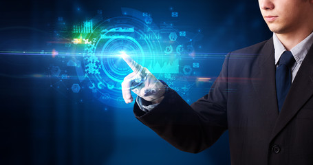 Man touching hologram screen displaying medical symbols and charts