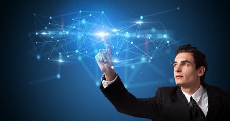 Man touching hologram screen displaying modern web system