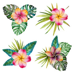 Set of tropical leaves and flowers. Watercolor