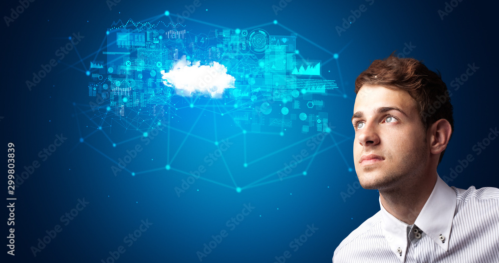 Aufkleber Man touching hologram projection displaying information from cloud based system