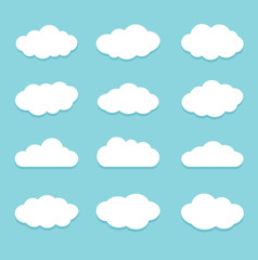Collection of cloud icons. Isolated on light blue background. Flat style vector illustration.